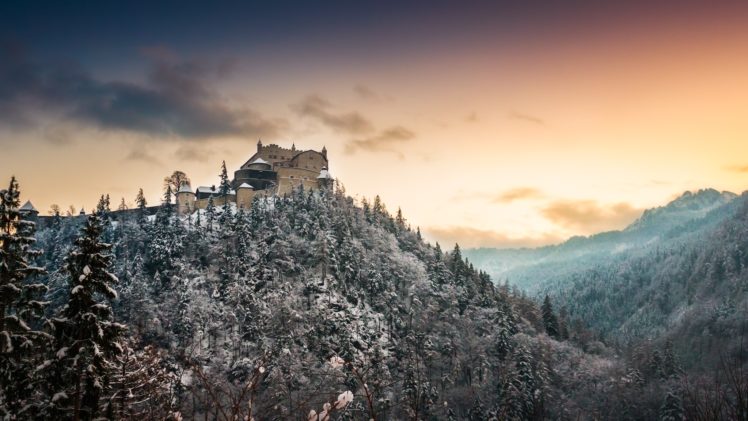 nature, Winter, Landscape, Mountains, Building, Castle, Snow, Forest, Salzburg HD Wallpaper Desktop Background