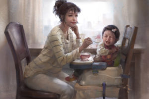 women, Children, Chair, Breakfast, Drawing