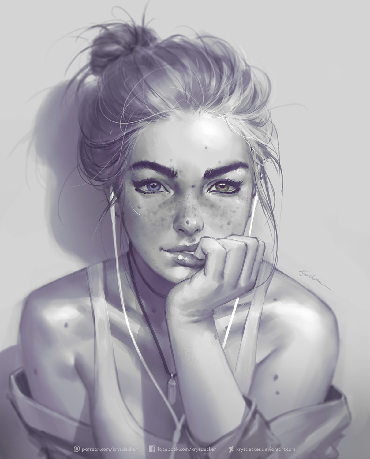 women, Blonde, Krys Decker, Face, Freckles, Bare shoulders, Drawing