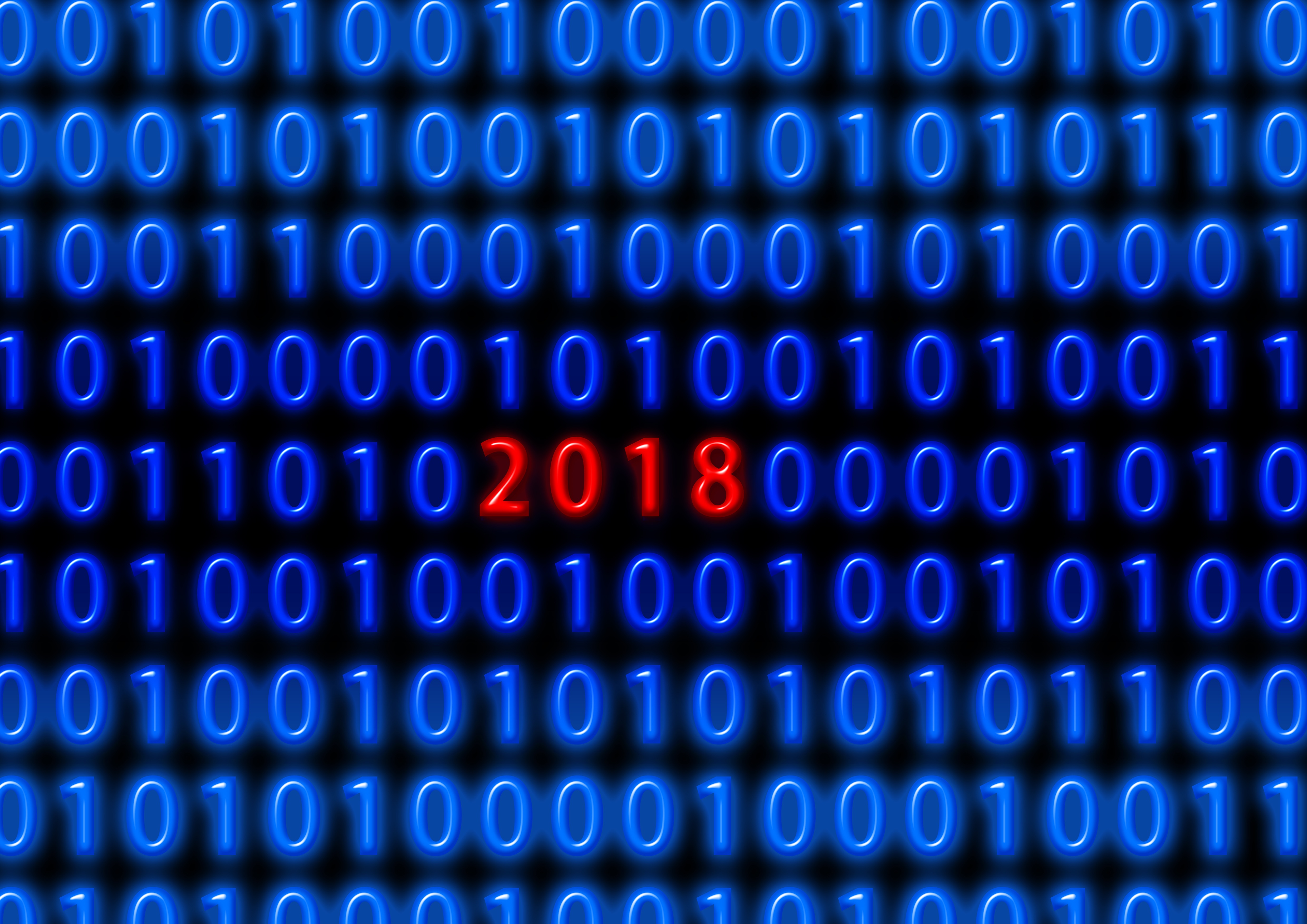 binary, 2018 (Year), Code, Numbers, Black background, Red, Blue, New Year, Glowing Wallpaper
