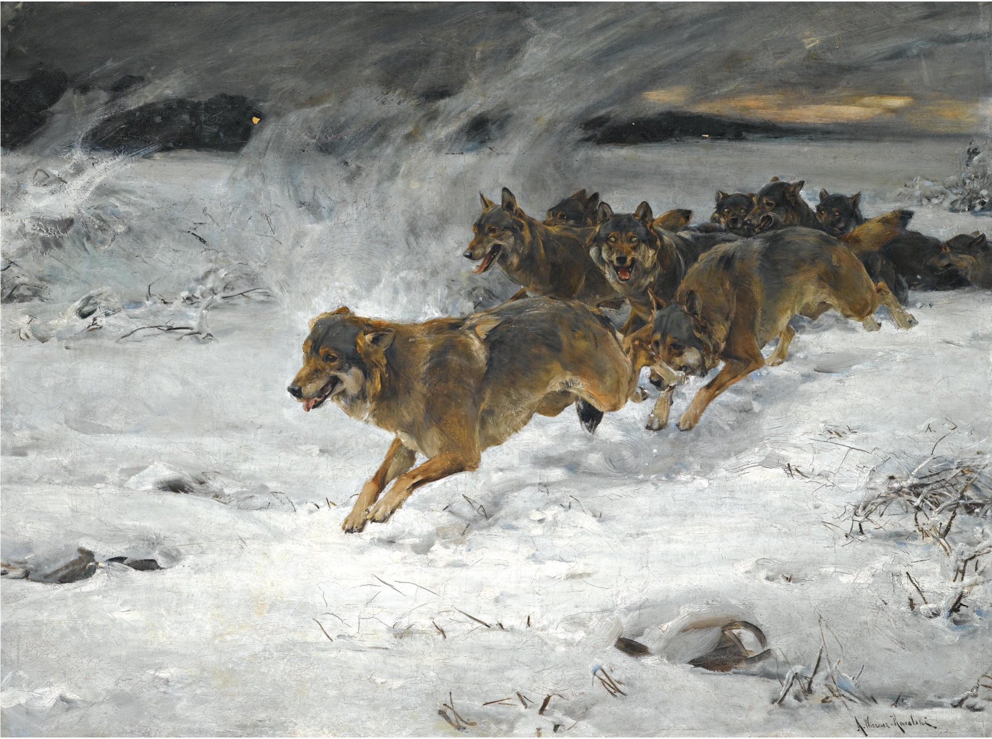 Alfred Kowalski Wierusz, Polish, Classic art, Wolf, Artwork Wallpaper