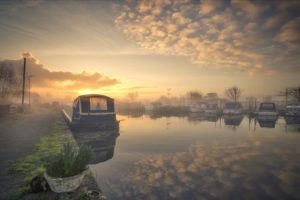 sky, Morning, Sunlight, Reflection, England, Narrowboat