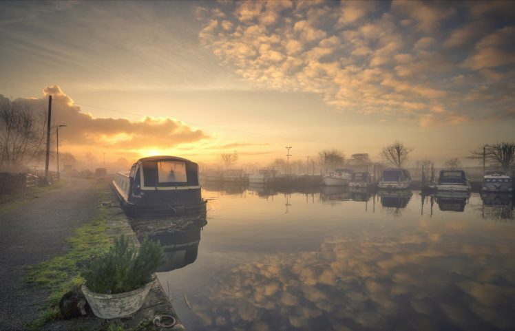 sky, Morning, Sunlight, Reflection, England, Narrowboat HD Wallpaper Desktop Background