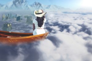 women, Concept art, Digital art, Clouds, Boat, White dress, Mountains, Photoshop