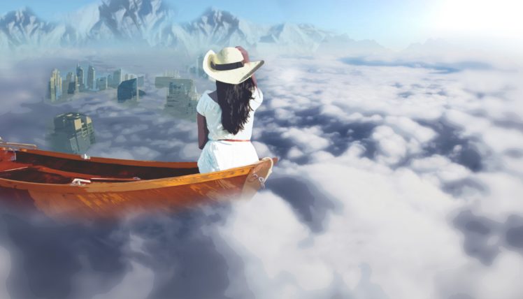 women, Concept art, Digital art, Clouds, Boat, White dress, Mountains, Photoshop HD Wallpaper Desktop Background