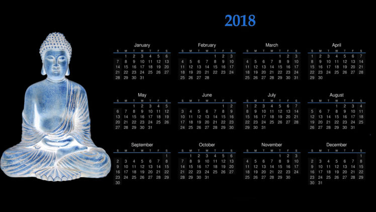 Buddha, Calendar, 2018 (Year), Black background, Month, Meditation, Numbers, Sculpture HD Wallpaper Desktop Background