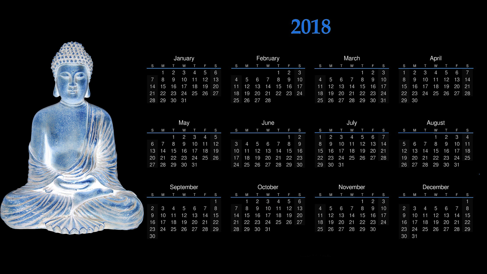 Buddha, Calendar, 2018 (Year), Black background, Month, Meditation, Numbers, Sculpture Wallpaper