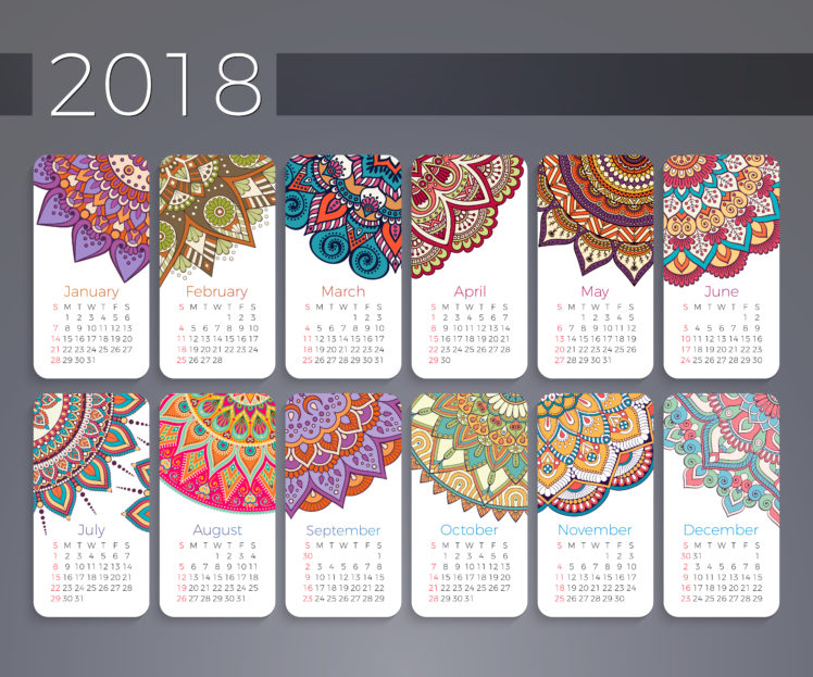 calendar, 2018 (Year), Month, Decorated, Abstract, Numbers, Simple background, Ornamented, Mandala, Mandalas HD Wallpaper Desktop Background