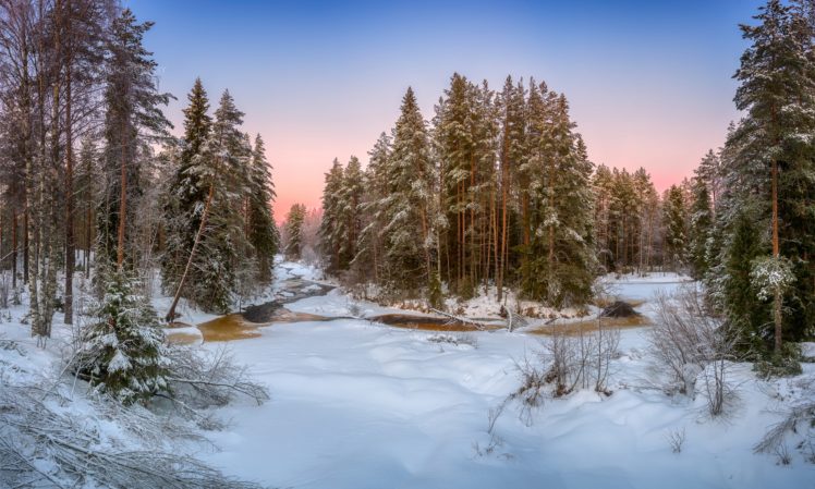 nature, Snow, Landscape, Winter, River, Forest HD Wallpaper Desktop Background