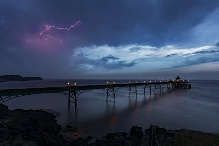 lightning, Storm, Pier, Sea, Sky HD Wallpaper Desktop Background