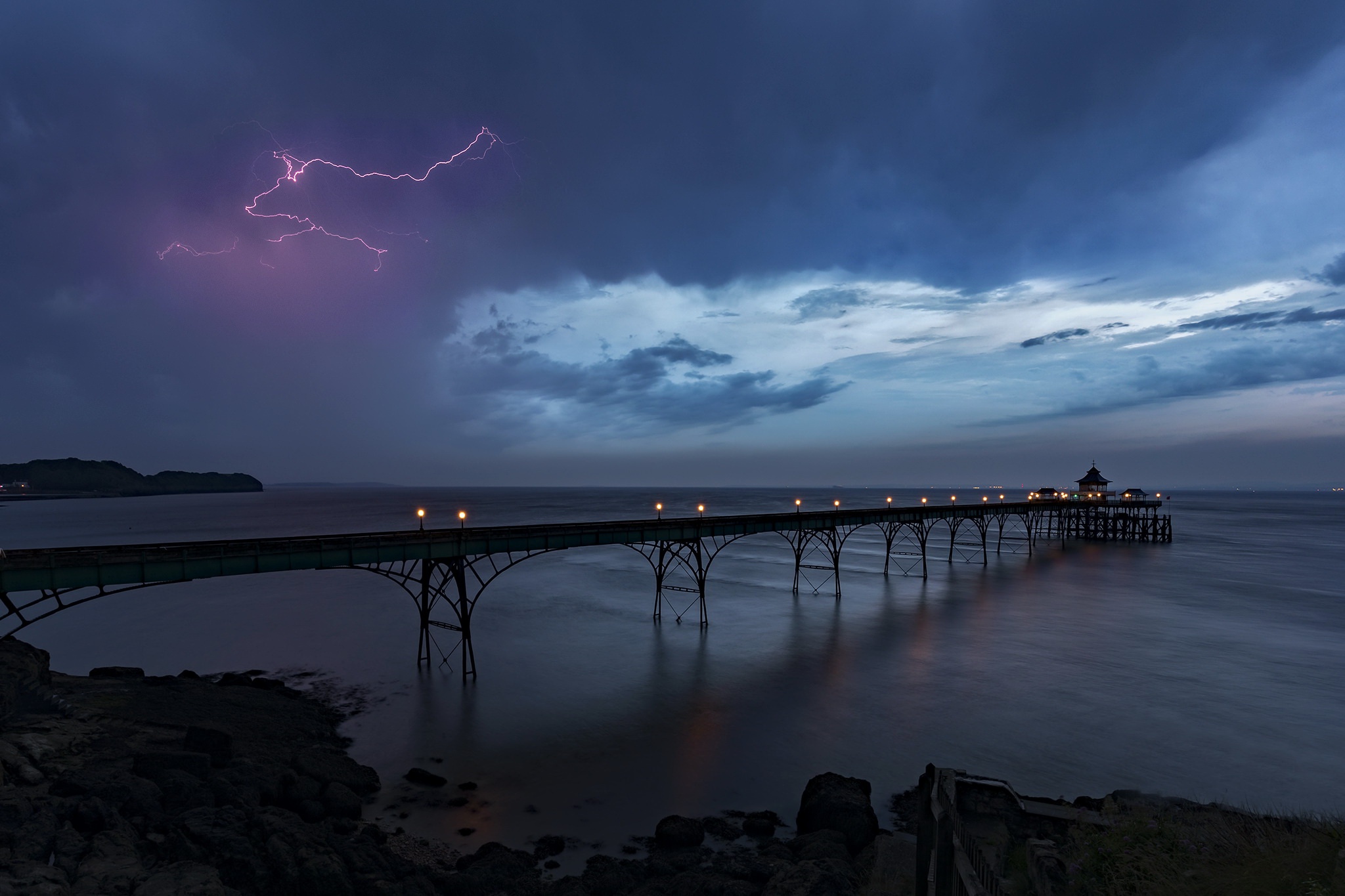 lightning, Storm, Pier, Sea, Sky Wallpaper
