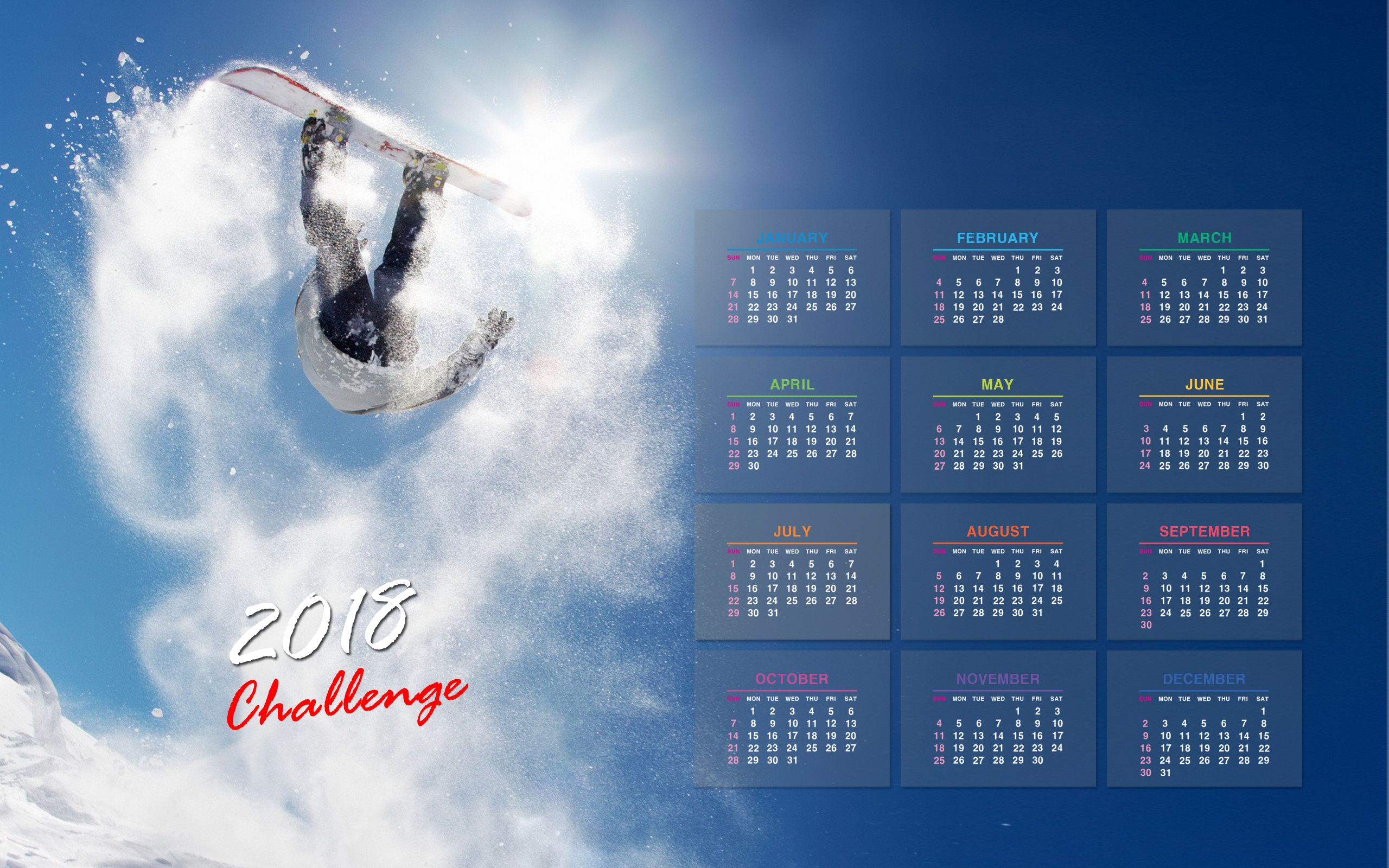 calendar, 2018 (Year), Snowboarding, Sun Wallpaper