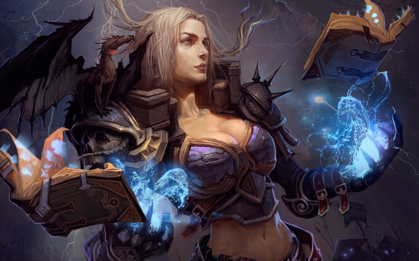 people, Women, Blonde, Drawing, Books, Dragon, Magic, Sorcerer Wallpaper