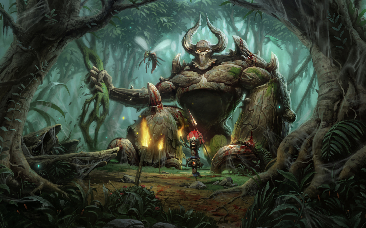 people, Drawing, Nature, Torches, Trees, Forest, Ogre, Diablo 2 Wallpaper