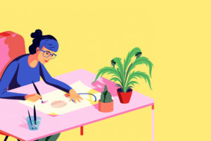 illustration, Yellow background, Sketches, Desk, Work, Cactus, Watercolor, Glasses, Blue shirt