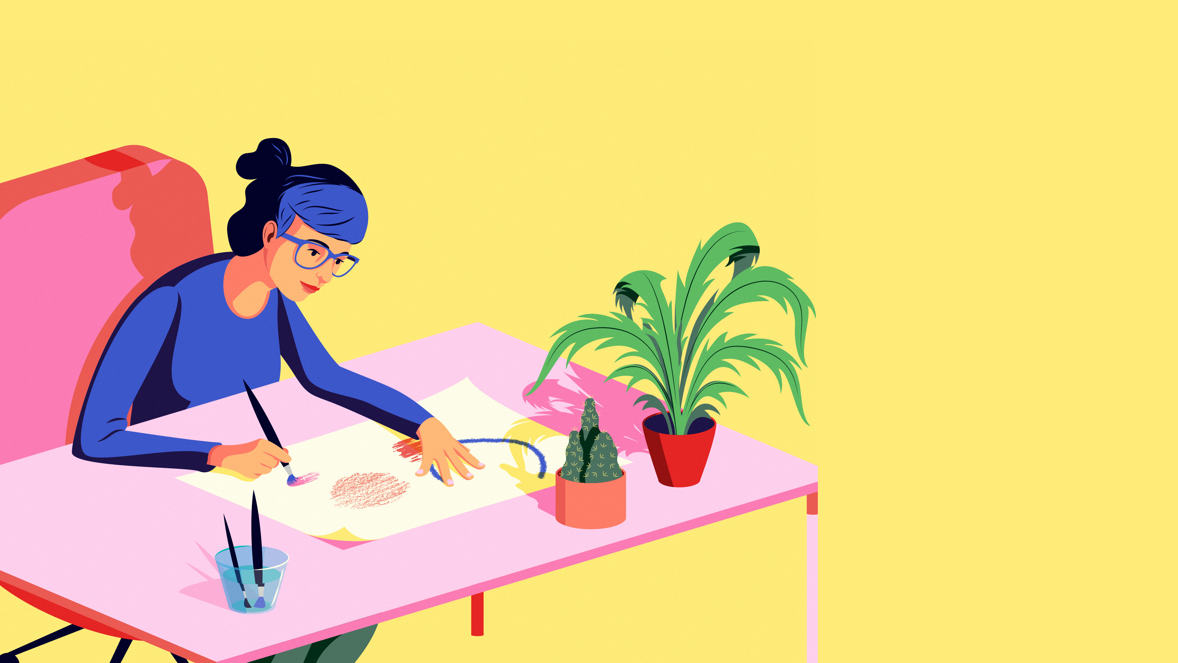 illustration, Yellow background, Sketches, Desk, Work, Cactus, Watercolor, Glasses, Blue shirt Wallpaper