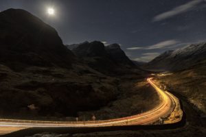 night, Mountains, Landscape, Road, Long exposure