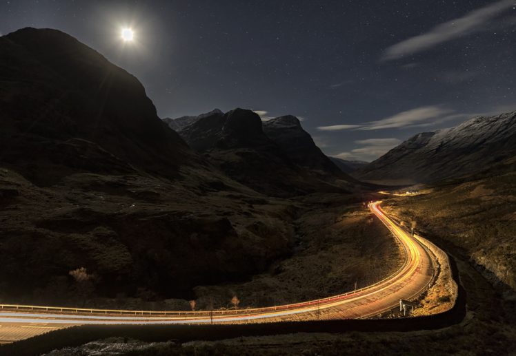 night, Mountains, Landscape, Road, Long exposure HD Wallpaper Desktop Background