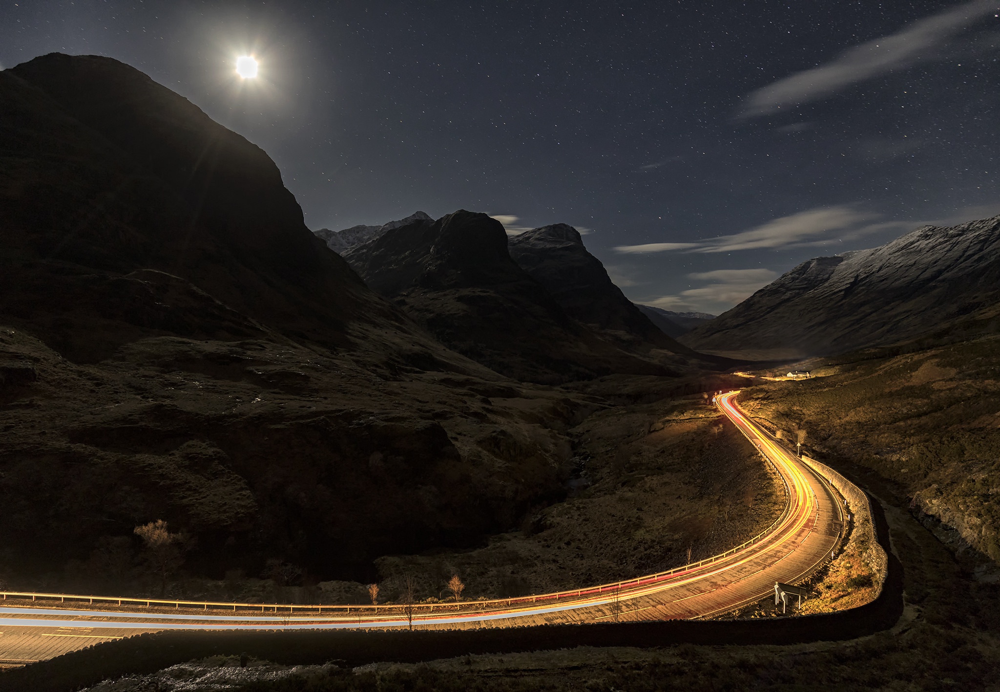 night, Mountains, Landscape, Road, Long exposure Wallpaper