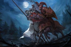 knight, Total War: Warhammer, WFRP, Moon, Forest, Night, Horse, Lance, Sword, Shield