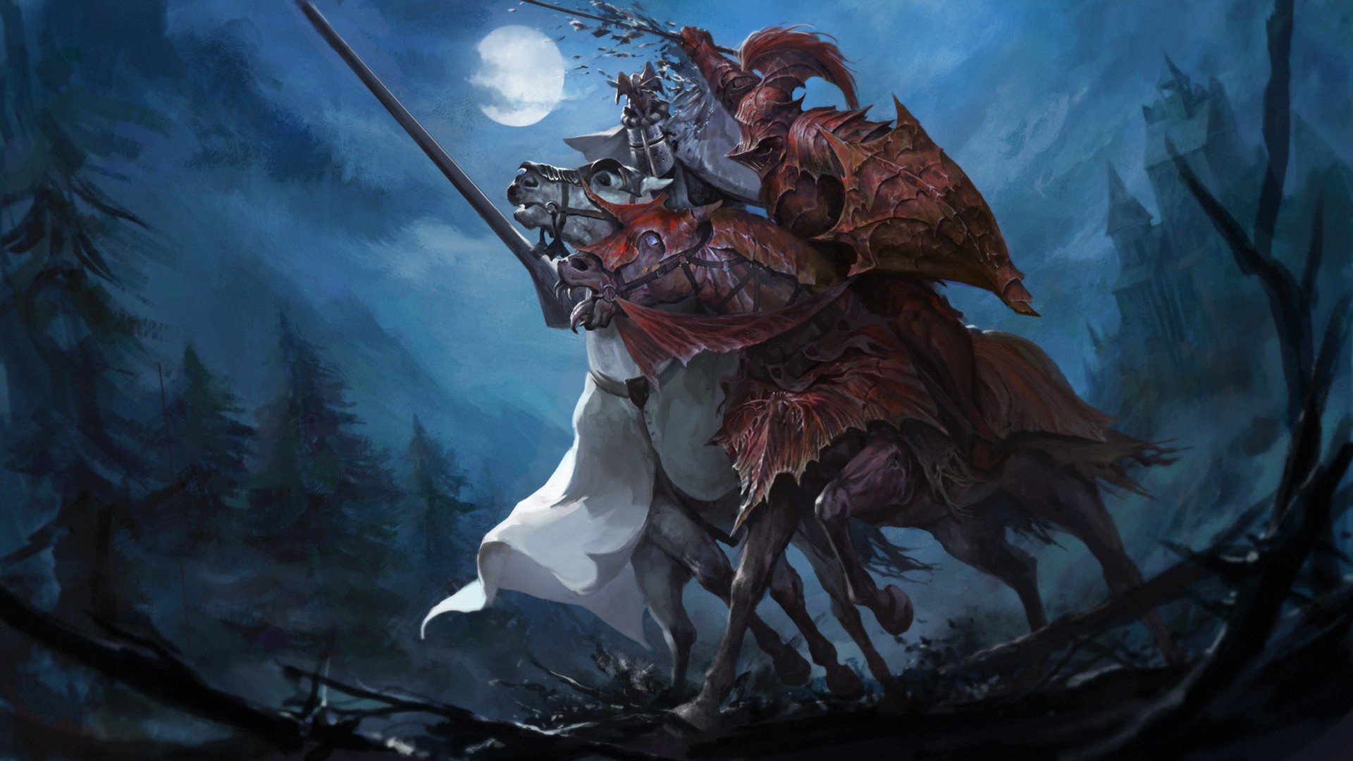 knight, Total War: Warhammer, WFRP, Moon, Forest, Night, Horse, Lance, Sword, Shield Wallpaper