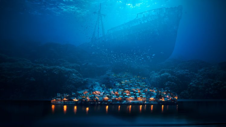 underwater, Ship, Shipwreck, Abyss, Fish, Sea, Town, Night, Fantasy art, Photo manipulation, Surreal HD Wallpaper Desktop Background