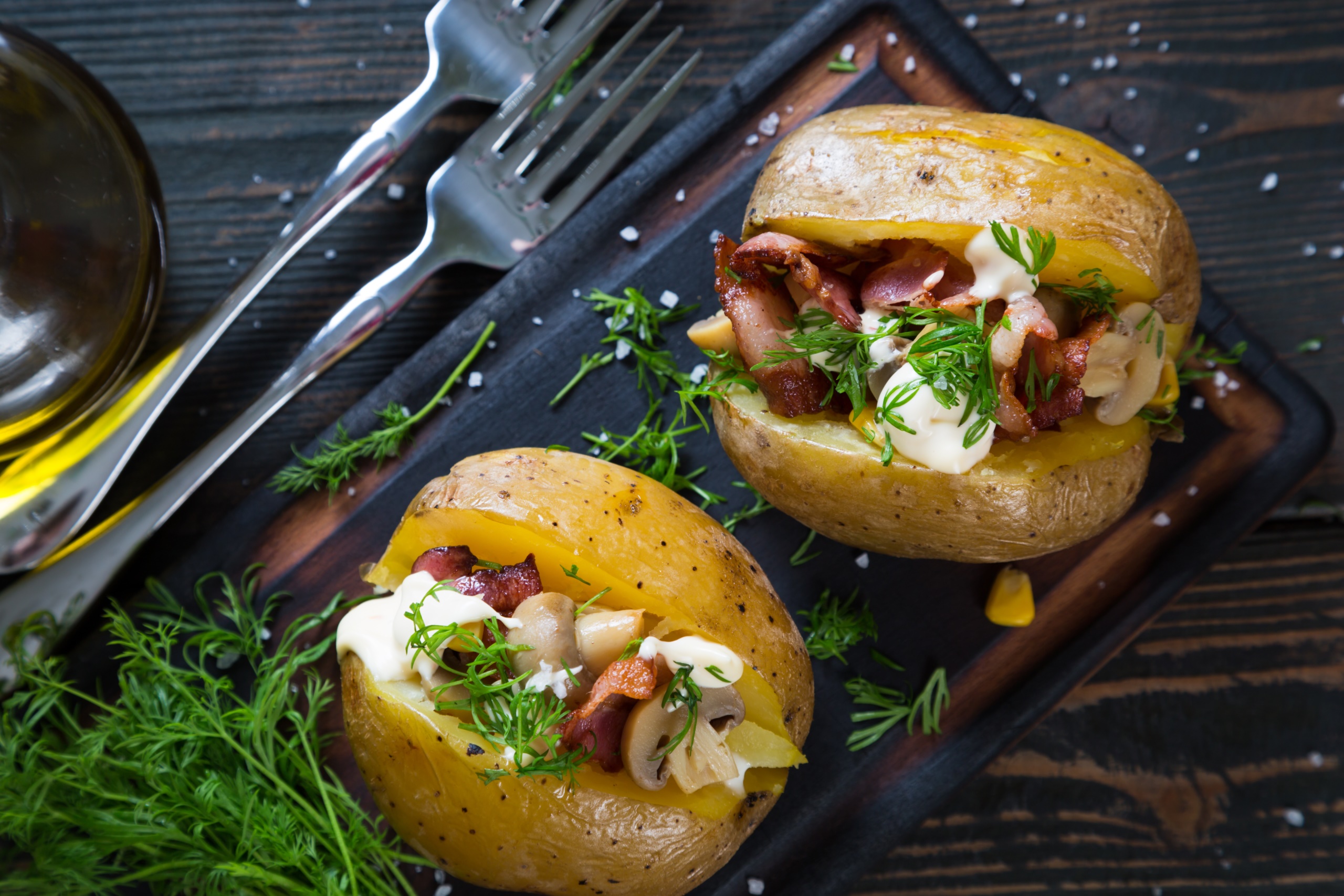 food, Potatoes, Bacon, Fork, Restaurant Wallpaper