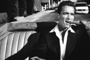 men, Arnold Schwarzenegger, Actor, Photography, Vintage, Car, Driving, Monochrome, Cigars, Shirt, Suits, Shadow, Cabrio