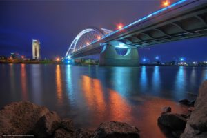 architecture, Bratislava, Slovakia, Bridge, Night, Lights, Stones, River, Donau, Neon, Long exposure, Reflection