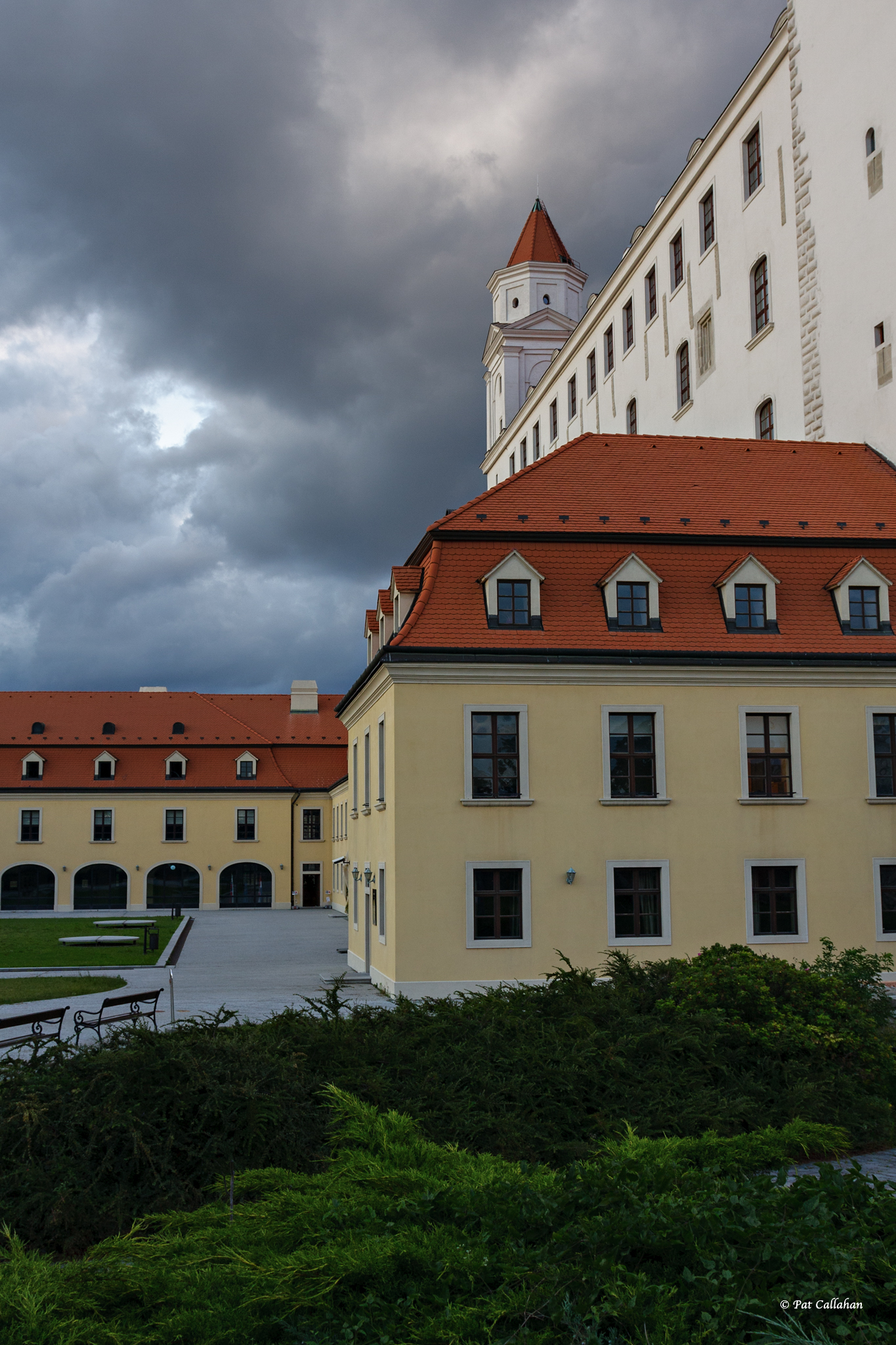 architecture, Bratislava, Slovakia, Castle, Plants, Portrait display, Clouds, Window, Building, Bench Wallpaper