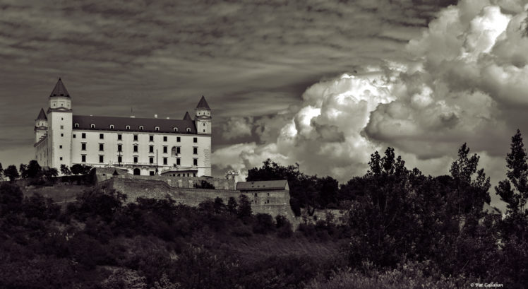 architecture, Bratislava, Slovakia, Castle, Clouds, Monochrome, Plants, Trees HD Wallpaper Desktop Background