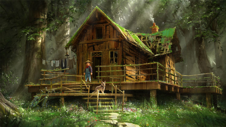 children, House, Forest, Dog, Grass, Trees HD Wallpaper Desktop Background