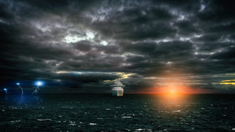 ship, Pacific Ocean, Sea, Sun rays, Lightning, Clouds, Rendering, Landscape, Photoshop, Digital art HD Wallpaper Desktop Background