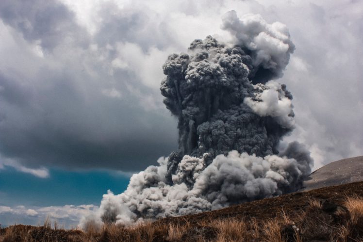 volcano, Explosion, Smoke, Grass, Clouds HD Wallpaper Desktop Background