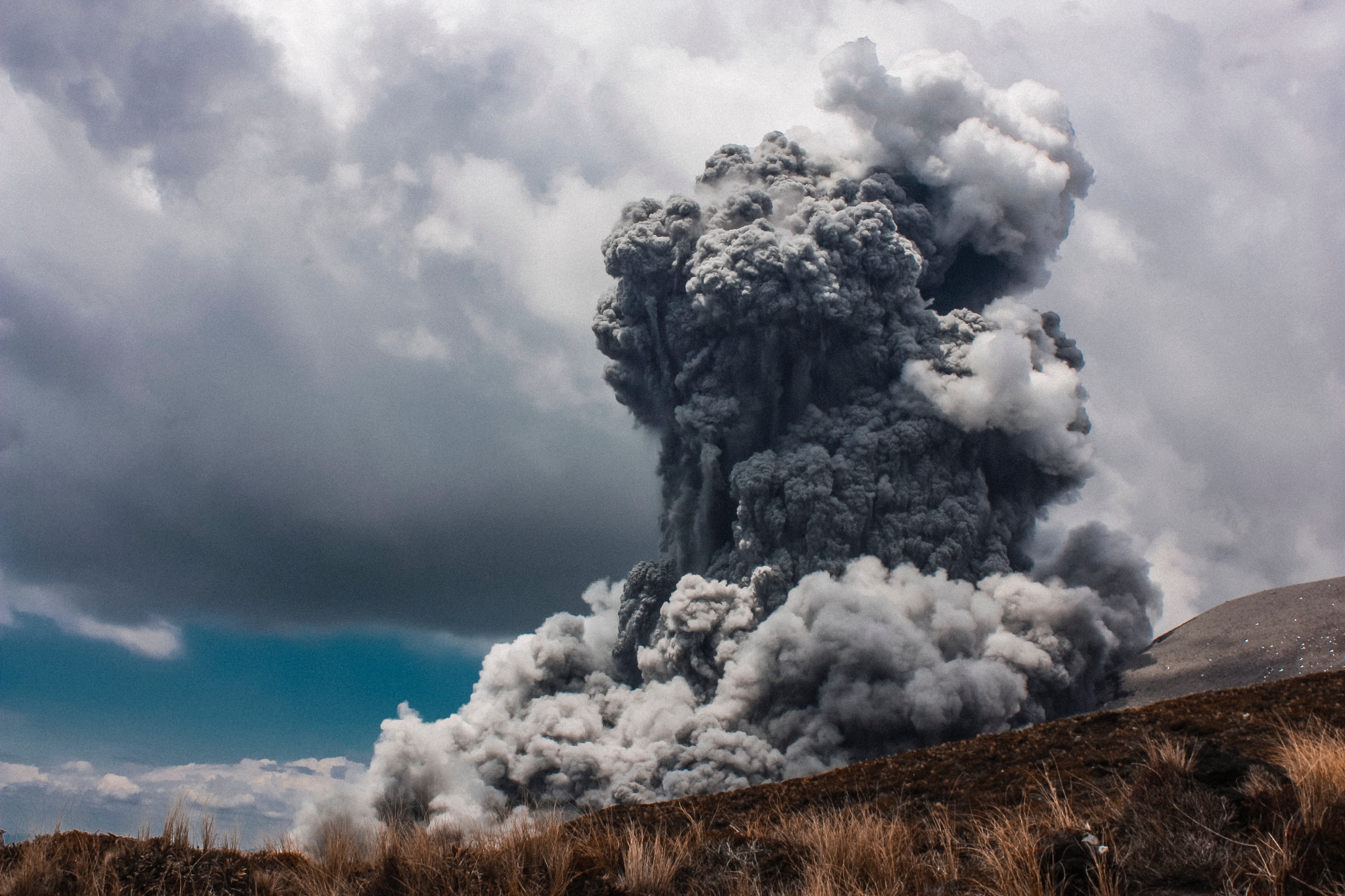 volcano, Explosion, Smoke, Grass, Clouds Wallpaper