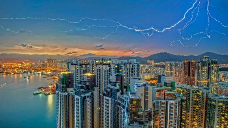 cityscape, Lightning HD Wallpaper Desktop Background