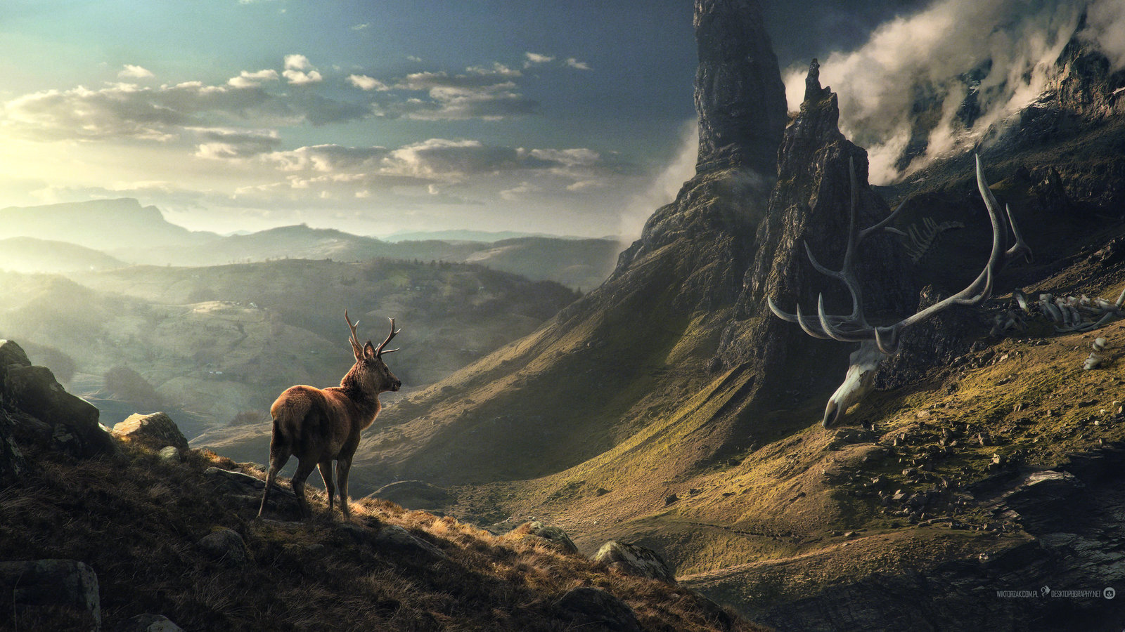 sky, Deer, Mountains, Desktopography Wallpaper
