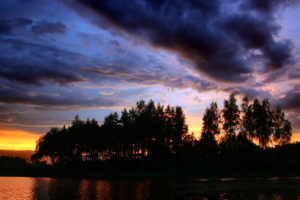 clouds, Water, Sunset, Trees