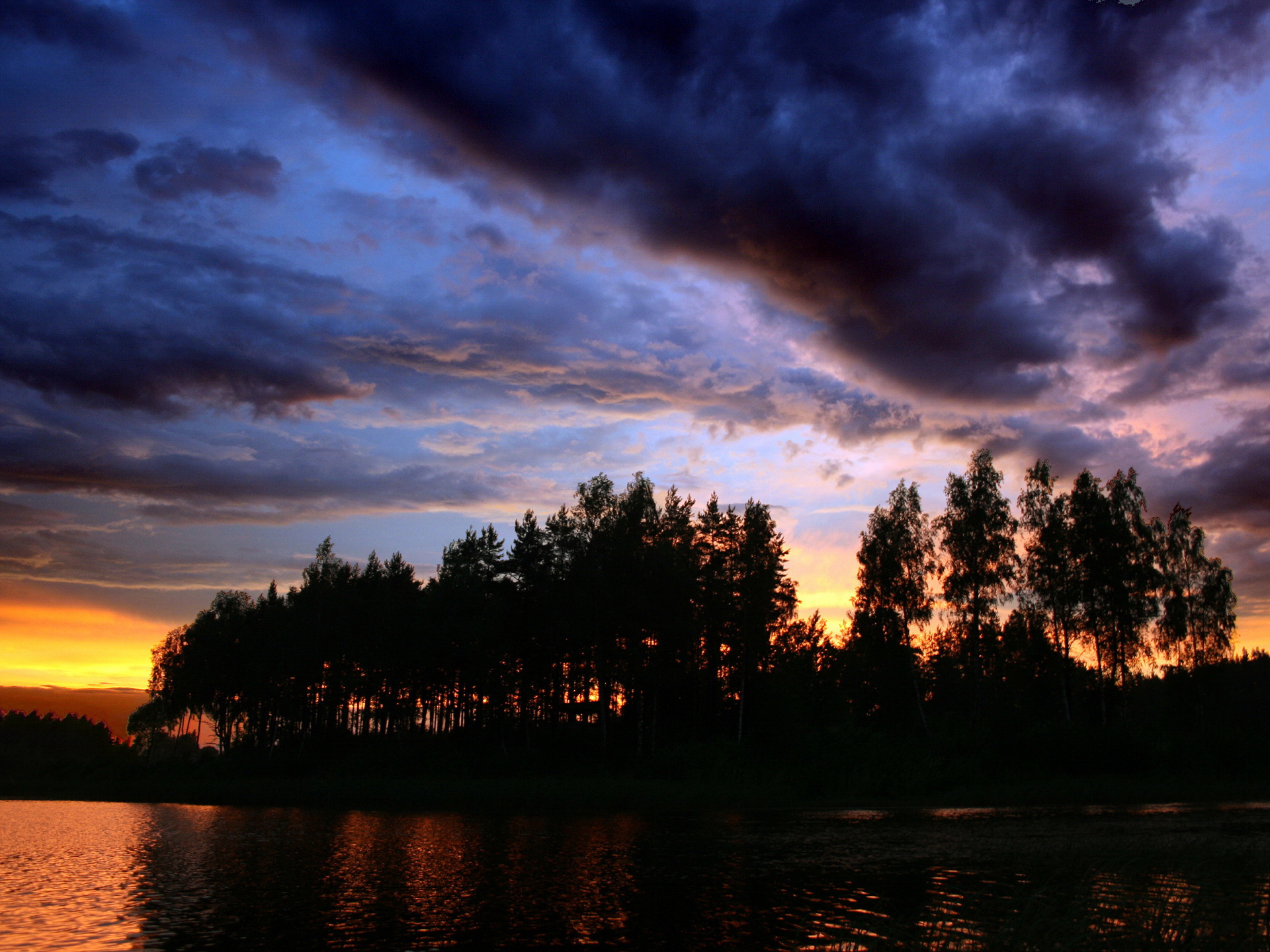 clouds, Water, Sunset, Trees Wallpaper