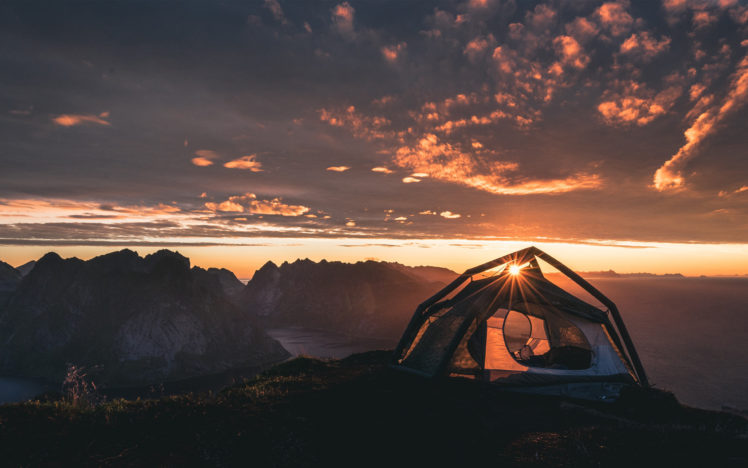tent, Camping, Mountains, Landscape, Sunset, Photography, Sun rays HD Wallpaper Desktop Background