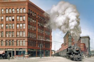 people, Steam locomotive, Train, Smoke, Colorized photos, Old photos, Building, Vintage, New York City, USA, Hotel, Street, Horse