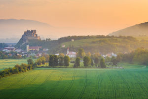 nature, Landscape, Mist, Trees, Hills, Morning, Sunrise, Field, Castle, Church, Slovakia, Village