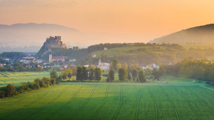 nature, Landscape, Mist, Trees, Hills, Morning, Sunrise, Field, Castle, Church, Slovakia, Village HD Wallpaper Desktop Background