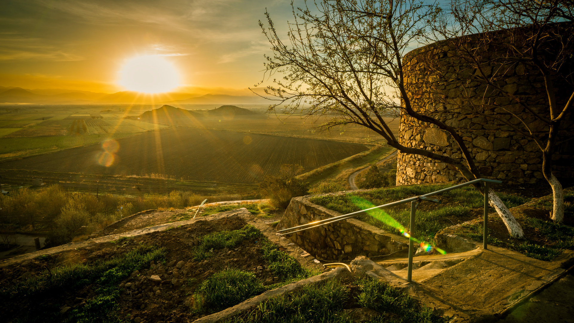 nature, Landscape, Mist, Trees, Hills, Sun rays, Armenia, Field, Wall, Stones Wallpaper
