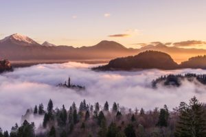 mist, Landscape, Mountains, Sky, Church, Forest, Snowy peak, Photography, Slovenia, Trees