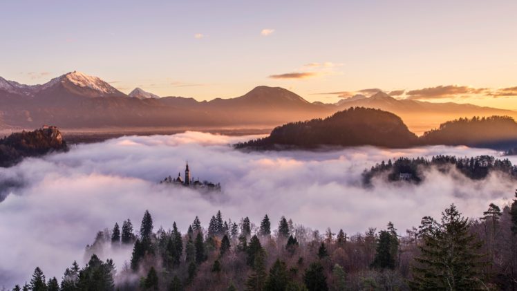mist, Landscape, Mountains, Sky, Church, Forest, Snowy peak, Photography, Slovenia, Trees HD Wallpaper Desktop Background