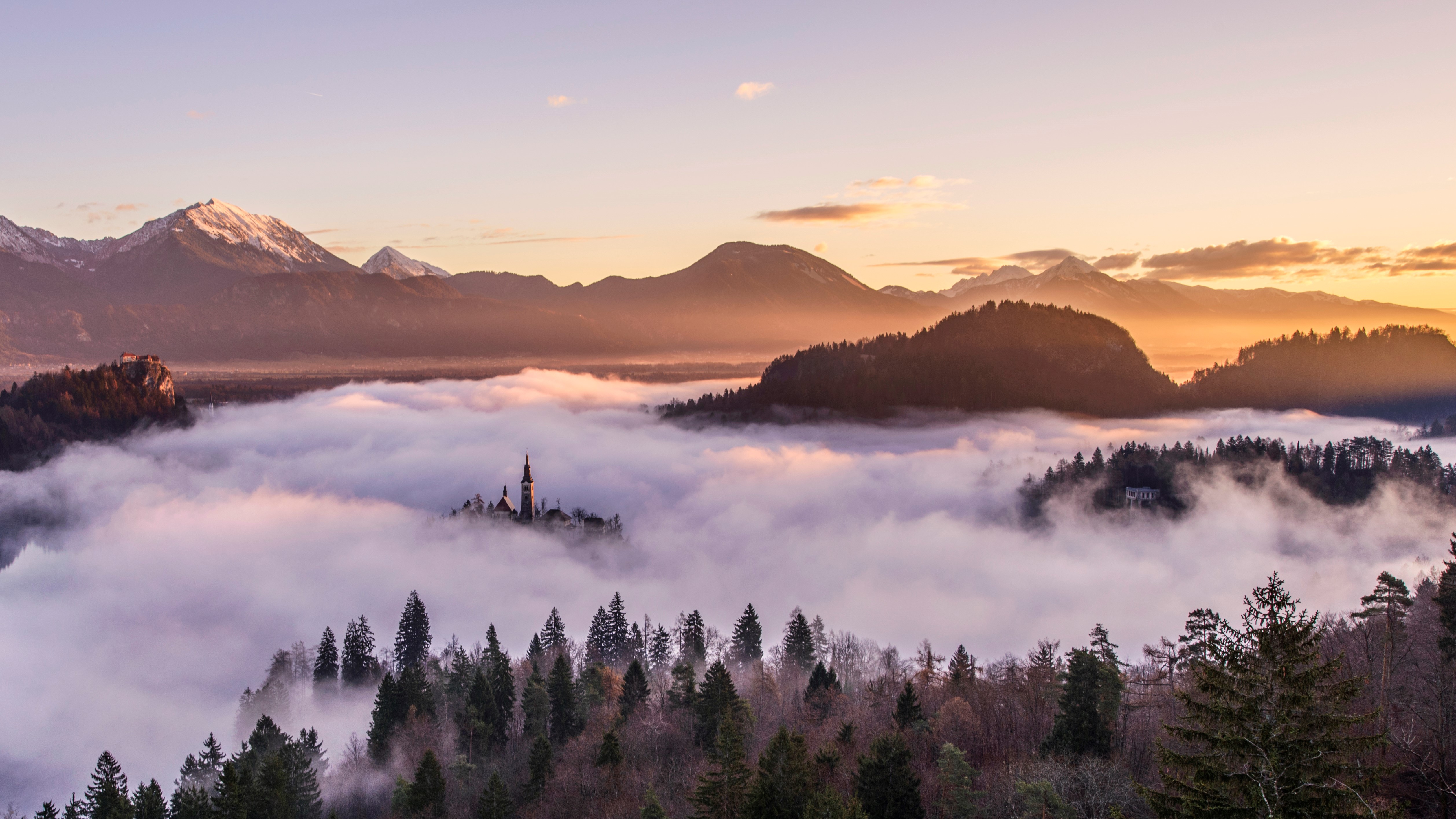 mist, Landscape, Mountains, Sky, Church, Forest, Snowy peak, Photography, Slovenia, Trees Wallpaper