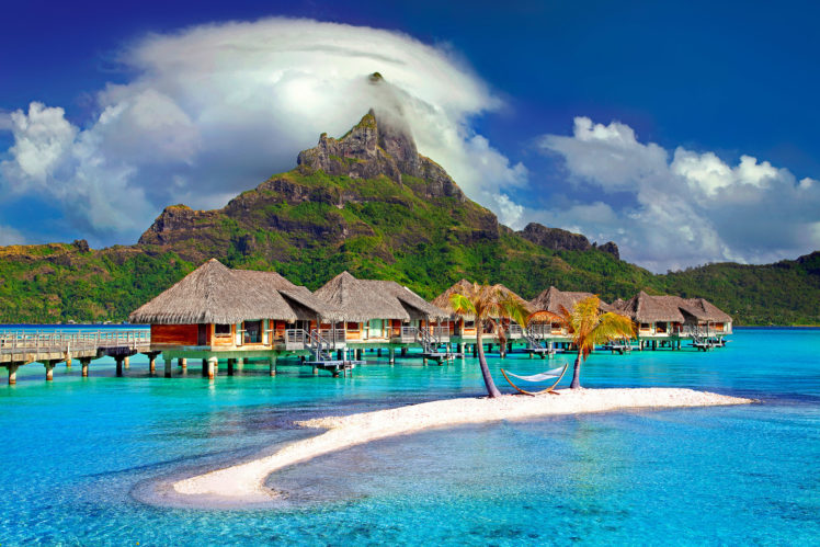 sea, Mountains, Beach, Clouds, Sky, Blue, Photography, Bora Bora HD Wallpaper Desktop Background