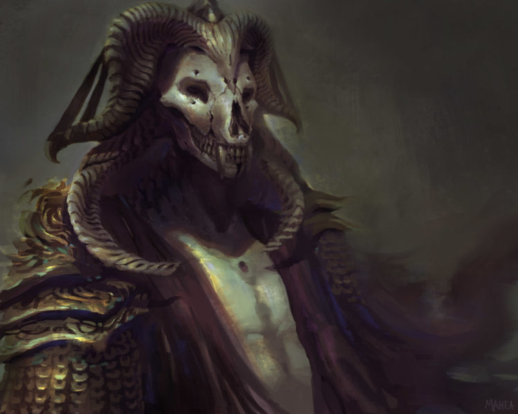 skull, Digital art, Painting, Demon, Horns, Creature HD Wallpaper Desktop Background
