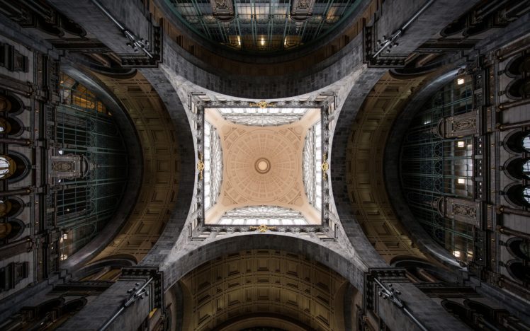 architecture, Building, Worms eye view, Antwerp, Belgium, Symmetry, Arch, Train station HD Wallpaper Desktop Background